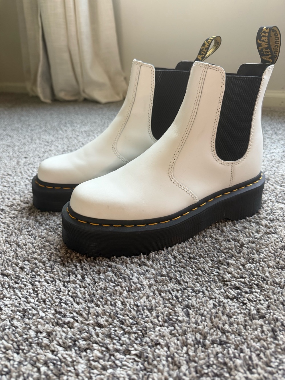 Dr. Martens White Leather Platform Chelsea Boots with Black Elastic